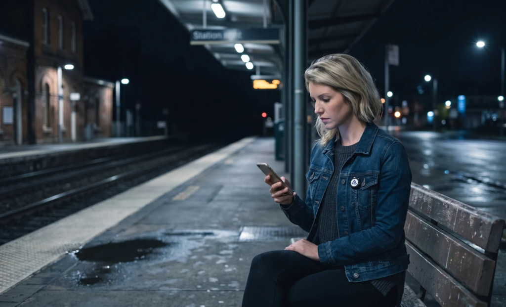 A woman sitting on a bench at a train station at night, looking at her phone with a smart safety button attached to her denim jacket.